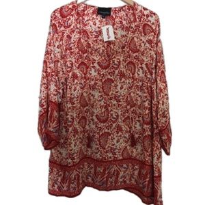 NWT Cynthia Rowley Red White Fan Motif Print Long Sleeve V-Neck Tunic Top Sz 1X